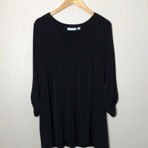 SUSAN GRAVER Liquid Knit Large Black Long Ruched Sleeve Tunic Top Minimalist